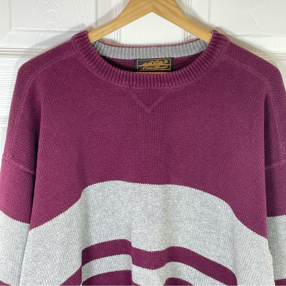Vintage 90’s Eddie Bauer Men’s Sweater Size XL Striped Gray Maroon Knit Crewneck - Picture 3 of 8